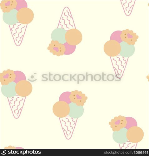 Seamless pattern of ice creams decorated with cookies in summer pastel color. Design for T-shirt, textile and prints. Hand drawn vector illustration for decor and design.