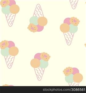 Seamless pattern of ice creams decorated with cookies in summer pastel color. Design for T-shirt, textile and prints. Hand drawn vector illustration for decor and design.