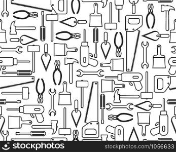 Seamless pattern of icons industrial equipment or construction tools in outline style