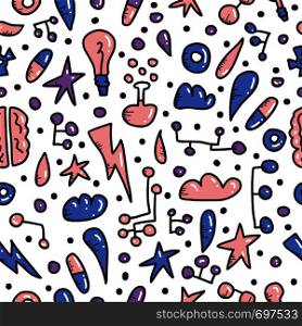 Seamless pattern of innovation concept in doodle style. Vector symbols repeat background.