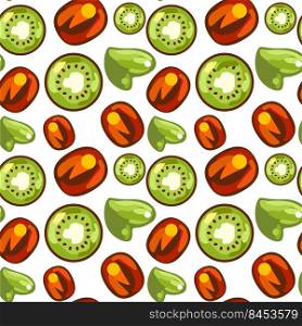 Seamless pattern of kiwi with leaves on a white background. Seamless pattern of kiwi