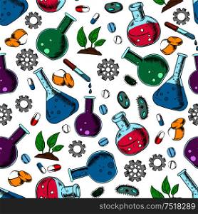 Seamless pattern of laboratory flask, pill, chemical powder, bacteria cell, green plant and gear for medical, pharmaceutical and botanical research. Scientific laboratory theme design. Scientific laboratory research seamless pattern