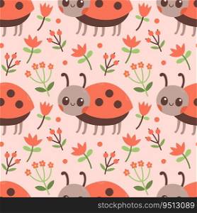 Seamless pattern of ladybug, red flowers and green leaf on pink background vector illustration. Cute hand drawn floral pattern. Vector illustration
