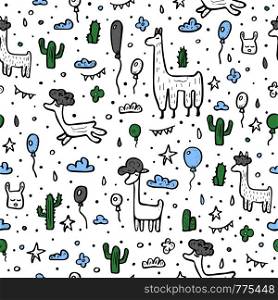 Seamless pattern of lama. Endless background in doodle style. Vector illustration.