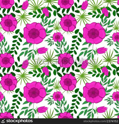 Seamless pattern of leaves and flowers. Vector illustration with pink flowers and green leaves on white background. Template for wallpaper, wrapping paper, clothing, background
