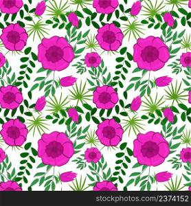 Seamless pattern of leaves and flowers. Vector illustration with pink flowers and green leaves on white background. Template for wallpaper, wrapping paper, clothing, background