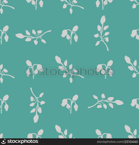 Seamless pattern of leaves, bluebell flowers, branches on a green background for printing. Seamless pattern of leaves, bluebell flowers