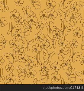 Seamless pattern of linear flowers and butterflies on a mustard background background in line art style. Ideal for packaging, textiles, backgrounds, covers. Vector illustration.