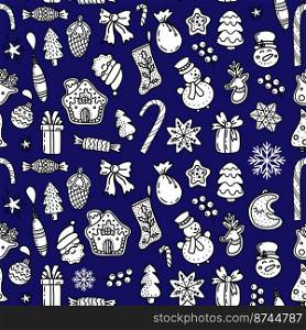 seamless pattern of linear Xmas icons on blue background. Vector illustration. seamless pattern of linear Xmas icons on blue background