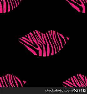 Seamless pattern of lips with animal skin in hot pink on black background, Zebra skin, Wild animals print in for textile or wall paper