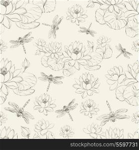 Seamless pattern of lotus flower and dragonfly. Vector illustration.