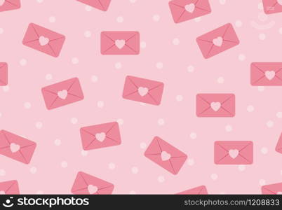 Seamless pattern of love envelopes on pink pastel polka dot background