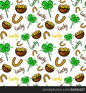 Seamless pattern of luck. Elements of luck horseshoe, pot of gold, the word lucky.. Seamless pattern of lucky for children with four-leaf clover