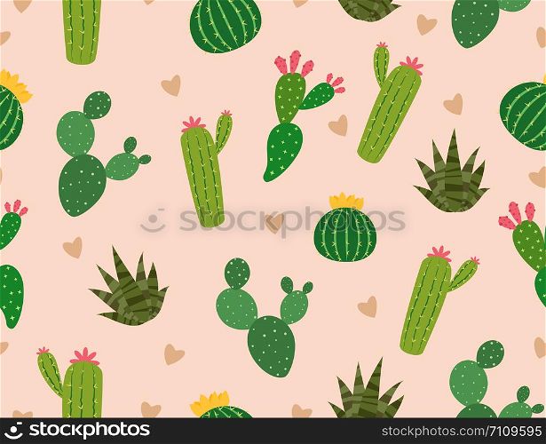 Seamless pattern of many cactus with mini heart on background - Vector illustration