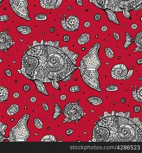 Seamless pattern of marine fishes. Hand drawn vector background.