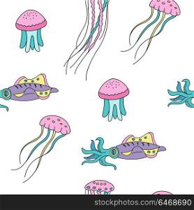 Seamless pattern of marine life. Jellyfish and squid. Vector illustration.