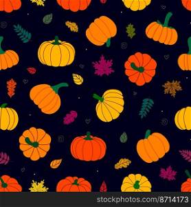 Seamless pattern of multicolored withered leaves and ripe pumpkins on a dark background . Colorful autumn leaves and pumpkins. vector 