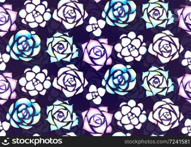 Seamless pattern of neon succulents with patches of light on a dark background. View from above. Vector texture for creating fabrics, wallpaper and your design.. Seamless pattern of neon succulents with patches of light on a dark background.