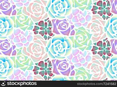 Seamless pattern of neon succulents with patches of light . View from above. Vector texture for creating fabrics, wallpaper and your design.. Seamless pattern of neon succulents with patches of light .