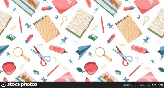 Seamless Pattern of office or school stationery isolated on white background. Scissors, eraser, sharpener, marker, clip. Perfect for office or school themes, wrapping paper, poster and banner, textile