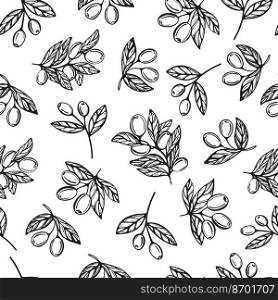 Seamless pattern of olive branches on an isolated white background. Vector illustration in the Doodle style.Botanical pattern. Seamless pattern of olive branches. Vector