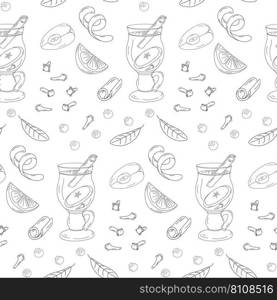Seamless pattern of outline drawing of glass cup with mulled wine, spices and slices of apple. Happy mulled wine day. Isolate. Design for wrapping, wallpaper, poster or cards. Happy Wine day. Vector.
