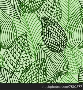 Seamless pattern of outline spring foliage with green leaves of birch. Interior wallpaper, background, accessories and fabric or textile design usage. Seamless pattern of spring outline reen leaves