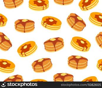Seamless pattern of pancakes with butter and maple syrup sweet on white background