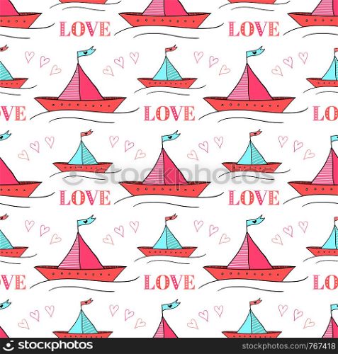 Seamless pattern of paper boats. Vector illustration for kids textile design. Repeating texture of cute ships. Seamless pattern of paper boats. Vector illustration for kids textile design. Repeating texture of cute ship