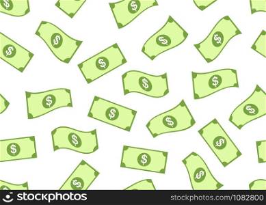 Seamless pattern of paper money dollars falling down isolated on white background