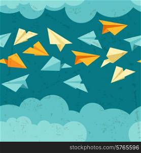 Seamless pattern of paper planes on the sky with clouds.