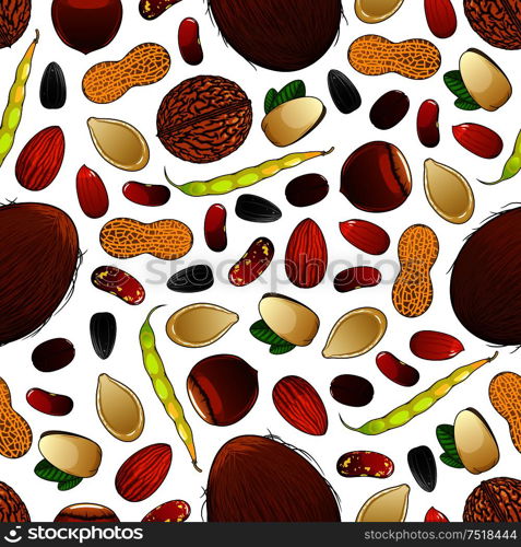 Seamless pattern of peanuts, hazelnuts, almonds, pistachios, coconuts, walnuts, roasted coffee, yellow pods and dried kidney beans, sunflower and pumpkin seeds. Vegetarian nutrition background design. Seamless nuts, beans and seeds pattern background