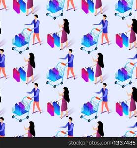 Seamless Pattern of People Shiopping. Man Driving Trolley and Woman Carry Bags in Supermarket. Characters Make Purchases. Texture for Fabric, Textile. Ornament, Print. 3D Isometric Vector Illustration. Seamless Pattern of People Making Shiopping. Print