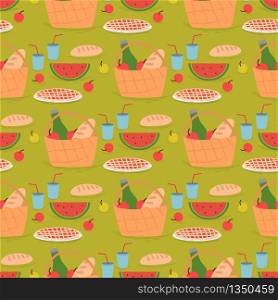 Seamless Pattern of Picnic Basket with Food on Green Grass Background. Cute Creative Texture for Fabric or Textile. Summer Time Activity Ornament, Wallpaper Print. Cartoon Flat Vector Illustration. Seamless Pattern Picnic Basket with Food on Grass