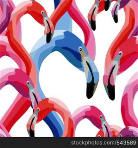 Seamless pattern of pink and blue head of flamingo on white background. Wallpaper composition animal