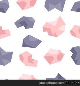 Seamless pattern of pink and lilac crystals. Gems, diamonds, gems on a white background. Hand drawn vector illustration