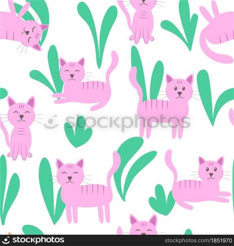 Seamless pattern of pink cats in different poses, vector illustration. Relaxed lazy pets with leaves. Background for wallpaper, textile and design.. Seamless pattern of pink cats in different poses, vector illustration.