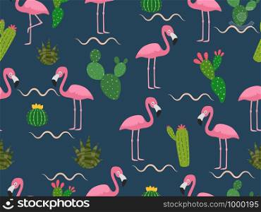 Seamless pattern of pink flamingo with tropical cactus on dark background - vector illustration