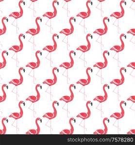 Seamless pattern of pink flamingos on white background vector. Tropical birds with long neck and legs. Elegant birdie exotic fauna animals nature. Flamingo Seamless Pattern, Exotic Birds Nature