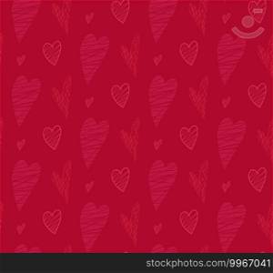 Seamless pattern of pink silhouette and outline doodle hearts with hatching on red background. Scribble texture. Love on Valentines Day holiday. Vector festive wallpaper.. Seamless pattern of pink silhouette and outline doodle hearts with hatching on red background. Scribble texture. Love on Valentines Day holiday