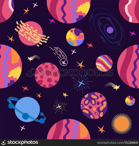 seamless pattern of planets, rockets and stars. Cartoon planet. Childish background. Hand drawn. seamless pattern of planets, rockets and stars. Cartoon planet