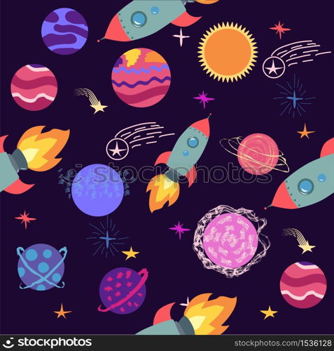 seamless pattern of planets, rockets and stars. Cartoon planet. Childish background. Hand drawn. seamless pattern of planets, rockets and stars. Cartoon planet