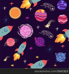 seamless pattern of planets, rockets and stars. Cartoon planet. Childish background. Hand drawn. seamless pattern of planets, rockets and stars. Cartoon planet