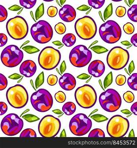 Seamless pattern of plums with leaves on white background. Seamless pattern of plums