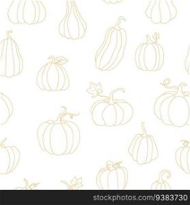 Seamless pattern of pumpkins drawn linearly golden. Simple botanical pattern with vegetables. For kitchen and product advertising