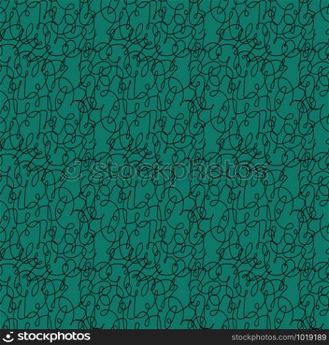 Seamless pattern of randomly interwoven chaotic lines in turquoise hues, hand drawing vector