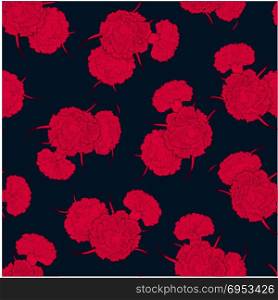 Seamless pattern of red carnations. Seamless pattern of red buds cloves on a dark background. Detailed graphics flowers silhouettes