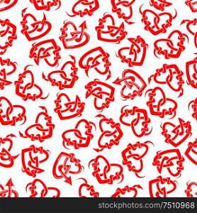 Seamless pattern of red heart tattoos in tribal style