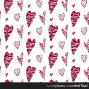 Seamless pattern of red silhouette and outline doodle hearts with hatching on a white background. Scribble texture. Love on Valentines Day holiday. Vector festive wallpaper.. Seamless pattern of red silhouette and outline doodle hearts with hatching on a white background. Scribble texture. Love on Valentines Day holiday.