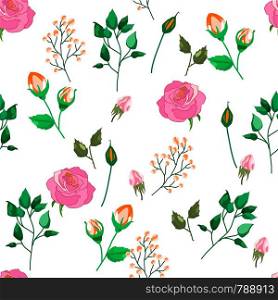 Seamless pattern of roses, leaves and buds on white background. For wedding decor, postcards and textiles, vector illustration